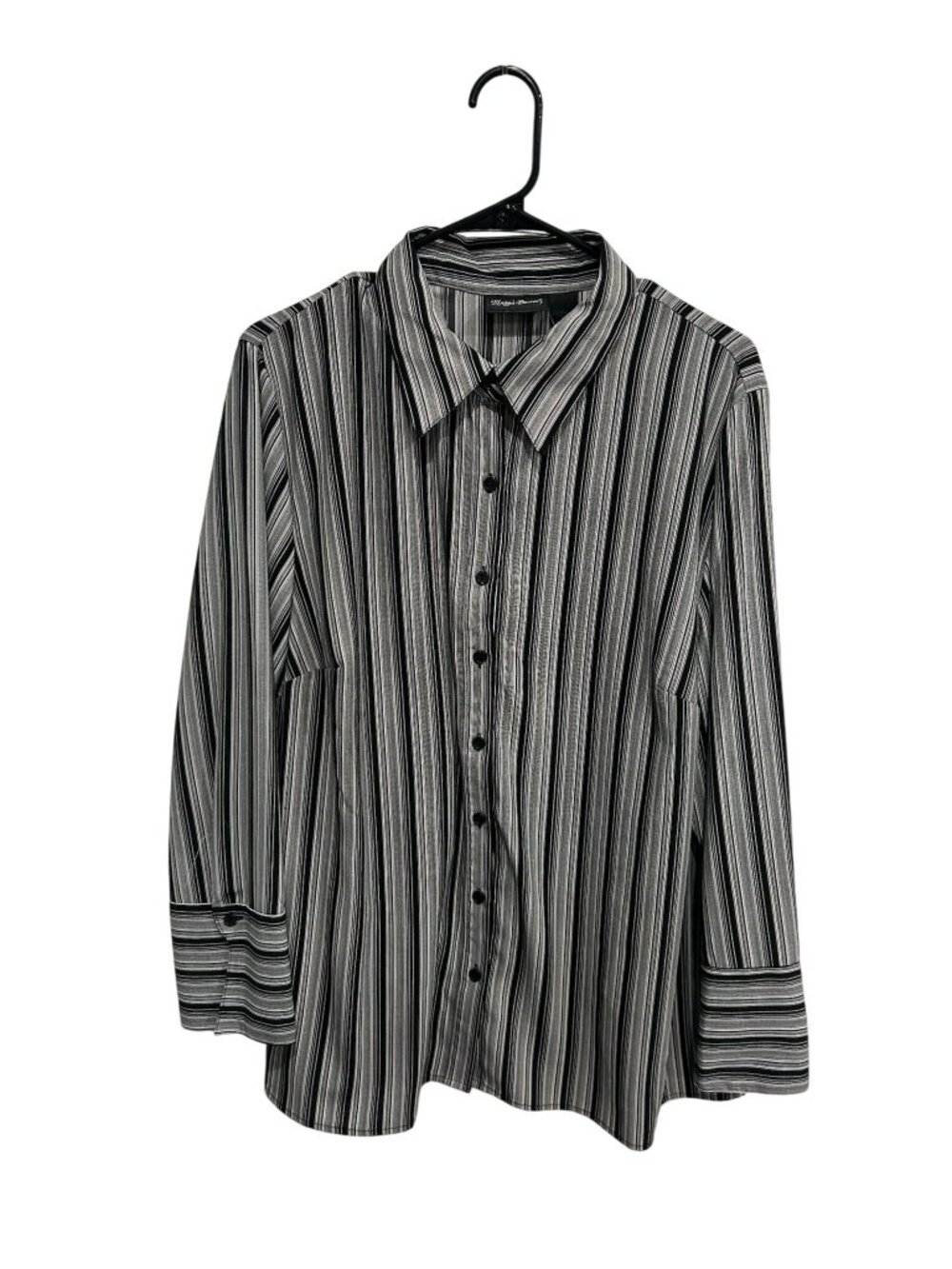 Maggie Barnes 1X Black White Striped Button Up Blouse Parisian Aesthetic